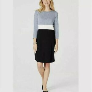 J. Jill | Blue White Color-Block Striped Navy Blue 3/4 Sleeve Dress Sz M Petite